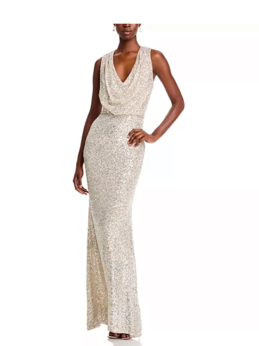 Silver Sequin Cowl Neck Evening Gown